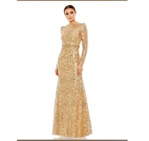 Mac Duggal Embellised Gold Long Sleeve MOB Prom Maxi Gown Plus Size 20 68011 New